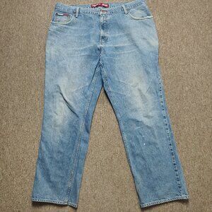 Vintage TOMMY JEANS Men 42x32 Blue Relaxed Distressed Cotton Denim Streetwear